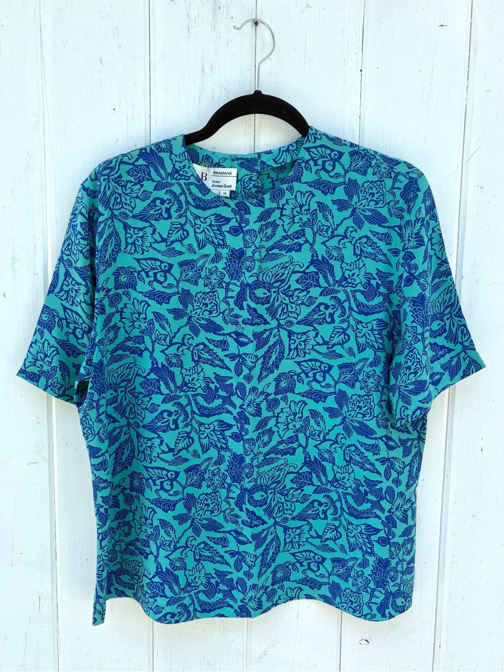 Women’s Blue Silk Floral Short-Sleeve Shirt